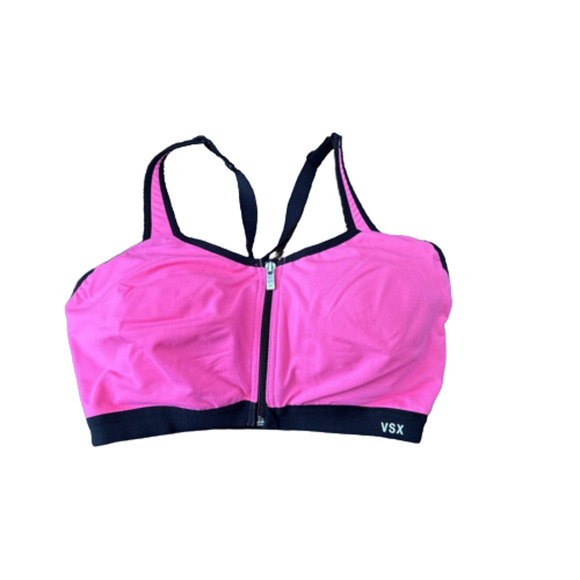 Victorias Secret Sport Womens 34DD Hot Pink Black Trim Front Zipper Sports Bra - Picture 1 of 9